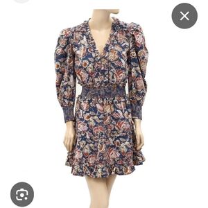 Love The Label, Anthropologie Floral Blue Ruffle Dress. V Neck Smocking Meduim